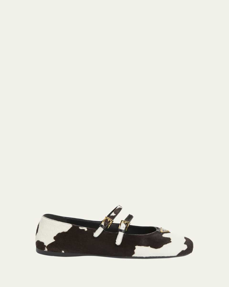 Cow Hair Double Mary Jane Triangle Logo Ballerina Flats